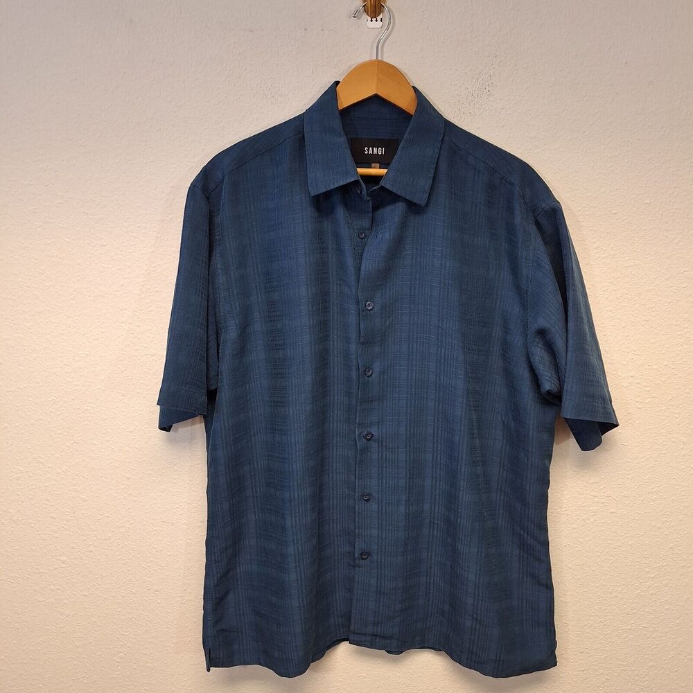 Sangi Textured Modal Blend Button Up Shirt Short Sleeve Dark Blue Men's Size XL